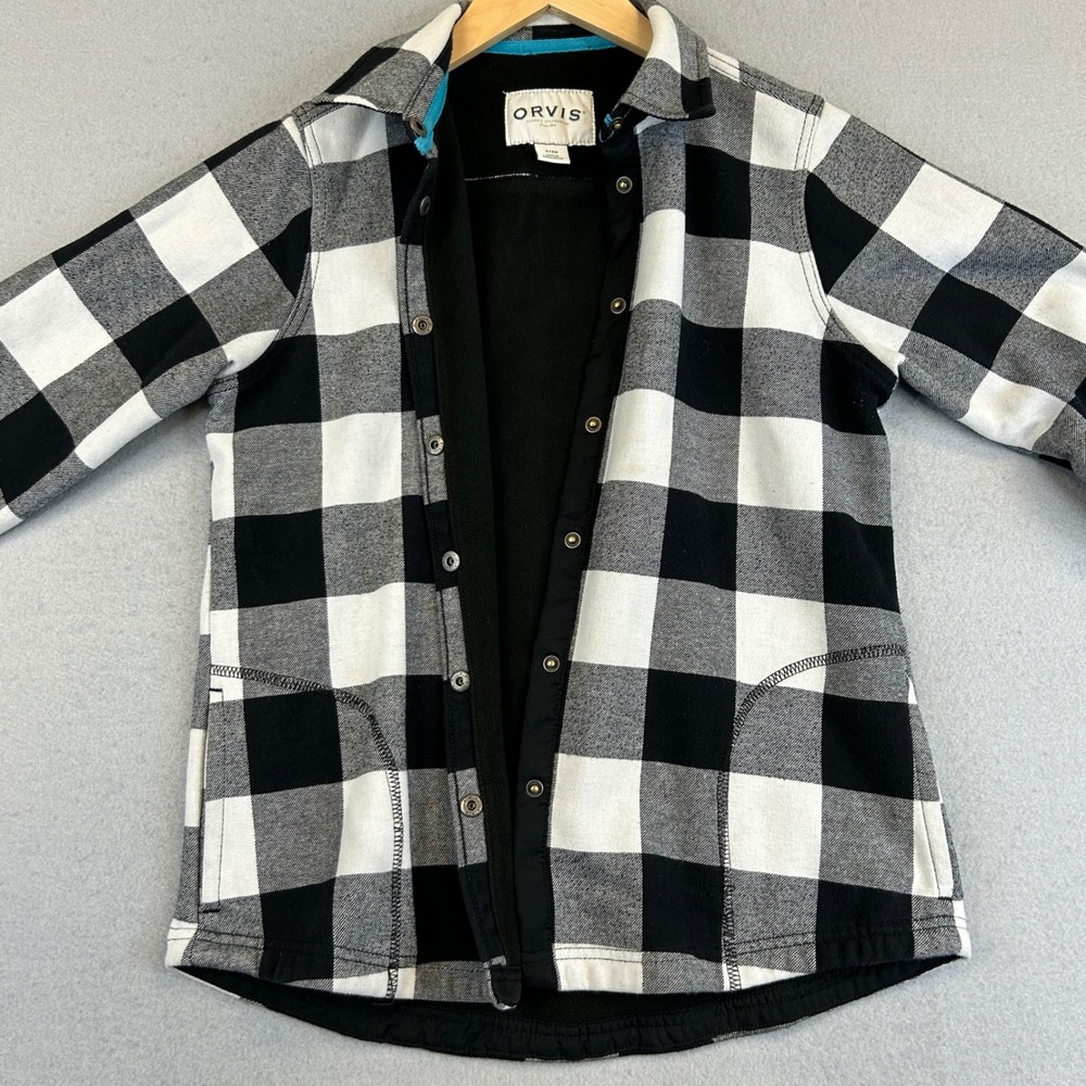 Orvis Shacket Mens S Black White Buffalo Plaid Fleece Lined Snap Front - Picture 4 of 8